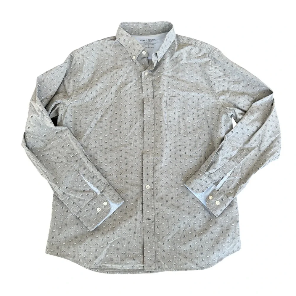 Banana Republic Luxe Poplin Shirt Mens L‎ Grey Raccoon Print Untucked Slim Fit